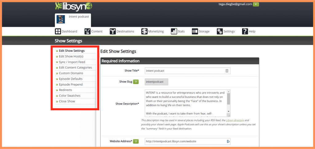Libsyn Show Settings Sidebar